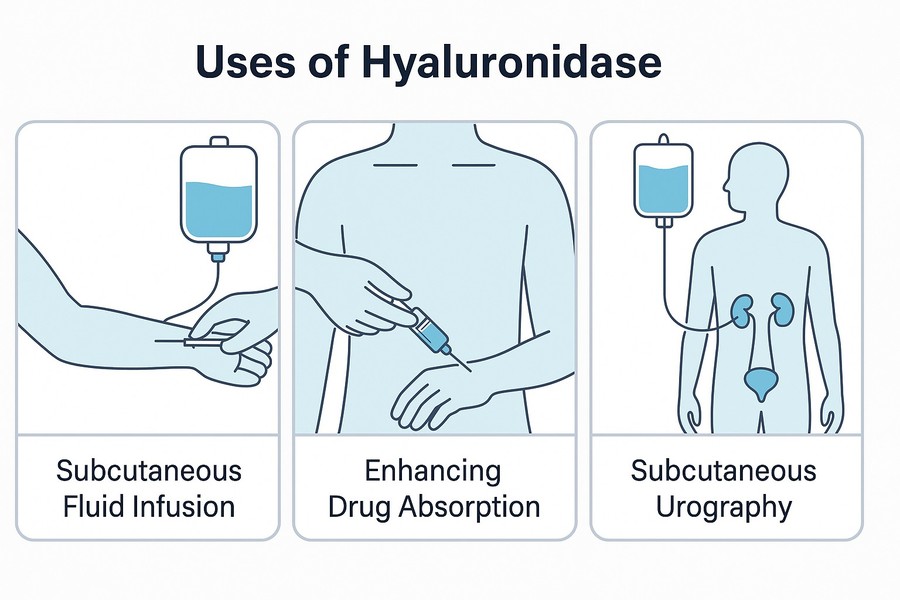Three FDA approved indications: Subcutaneous fluid infusion, enhancement of drug absorption, and subcutaneous urography.