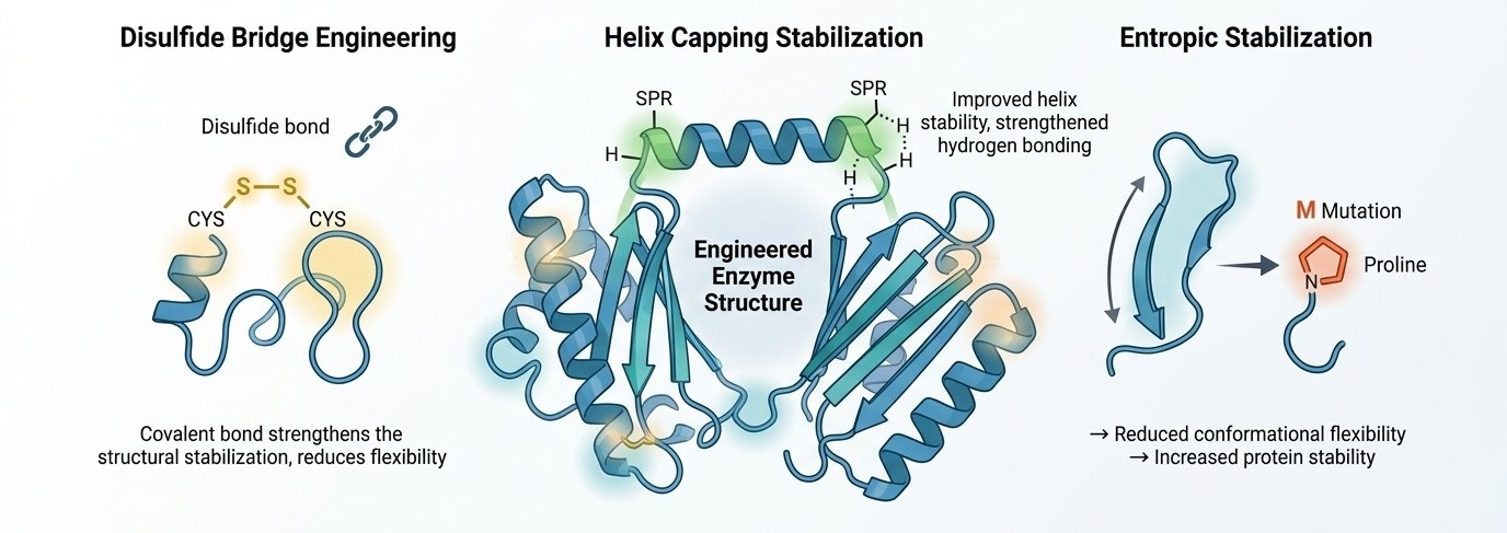 Protein engineering strategies: disulfide bridges, helix capping, and entropic stabilization