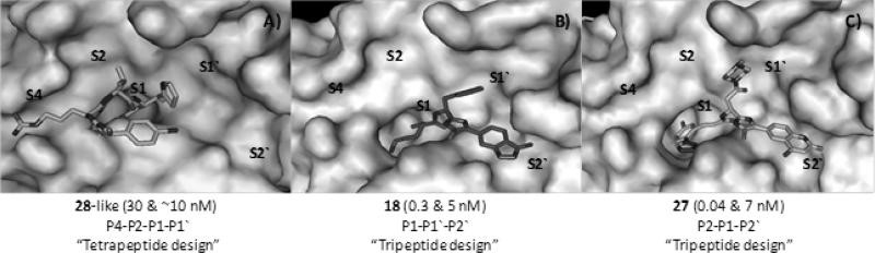 Co-crystal structures for complexes of FXIa with 3 active site inhibitors showing different design approaches used