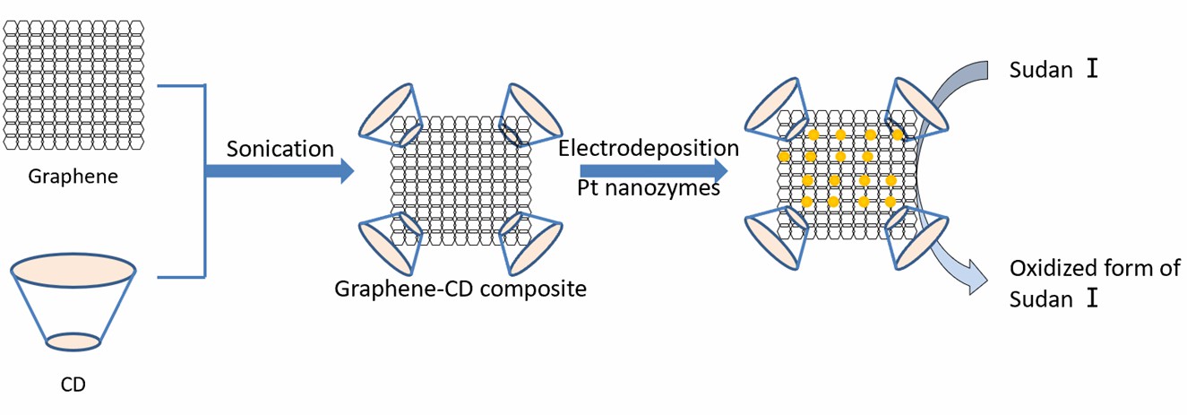 Schematic representation of the fabrication of the graphene / Pt nanozyme composite and the electrochemical mechanism of the redox behavior of Sudan I on the nanozymes.