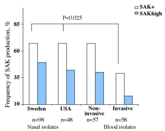 Production of staphylokinase by S. aureus isolated from nasal secrete of healthy individuals (n = 98 inhabitants of Goteborg, Sweden, and n = 48 inhabitants of Durham, USA) and from blood cultures of patients with sepsis 