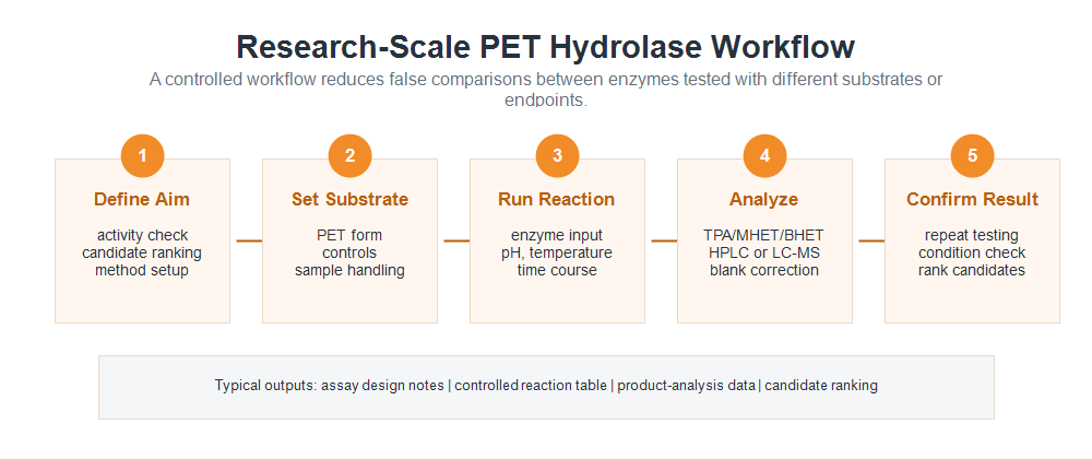Research-scale workflow for PET hydrolase assay and candidate validation